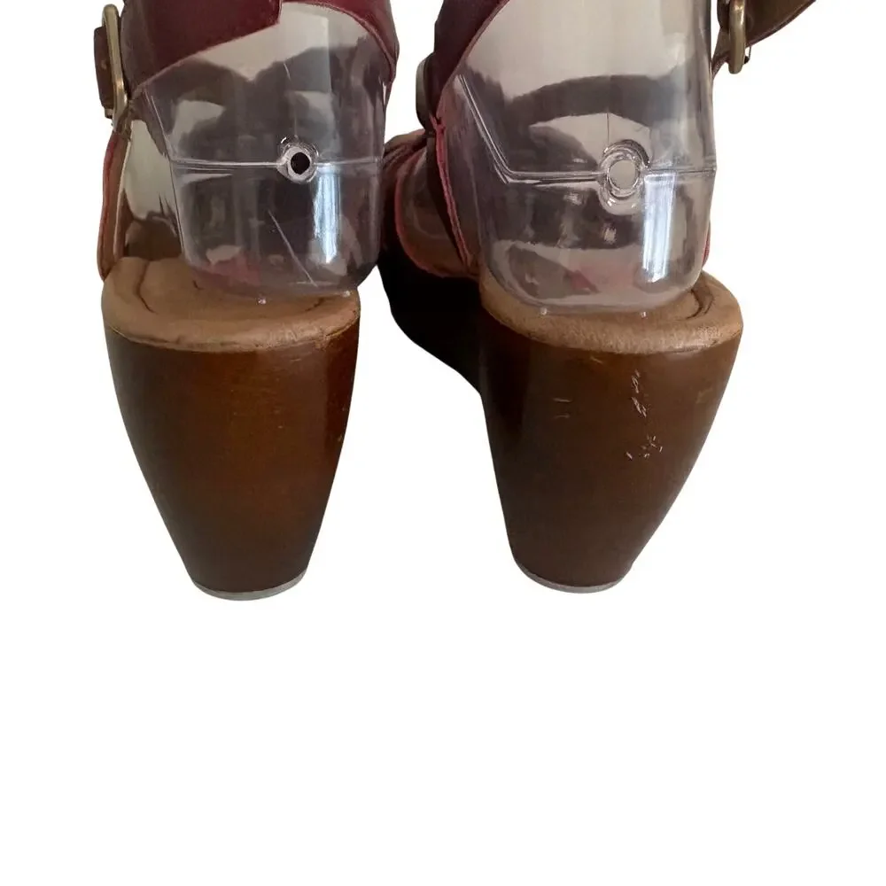 Miz Mooz Gizmo Maroon Leather Strappy Wood Wedge Slingback Sandals Basketweave